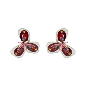 Sequin, Bead, and Crystal Red Multi Flower Stud Earrings on White