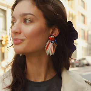 Feather Beaded and Embroidered Duck Stud Earrings Styled on Model