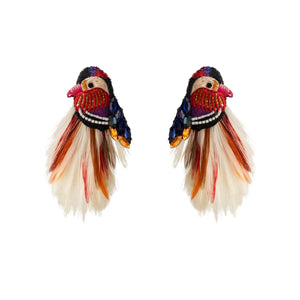 Feather Beaded and Embroidered Duck Stud Earrings on White