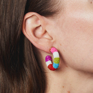 Multi Colored Beaded Hoop Earrings Styled on Model