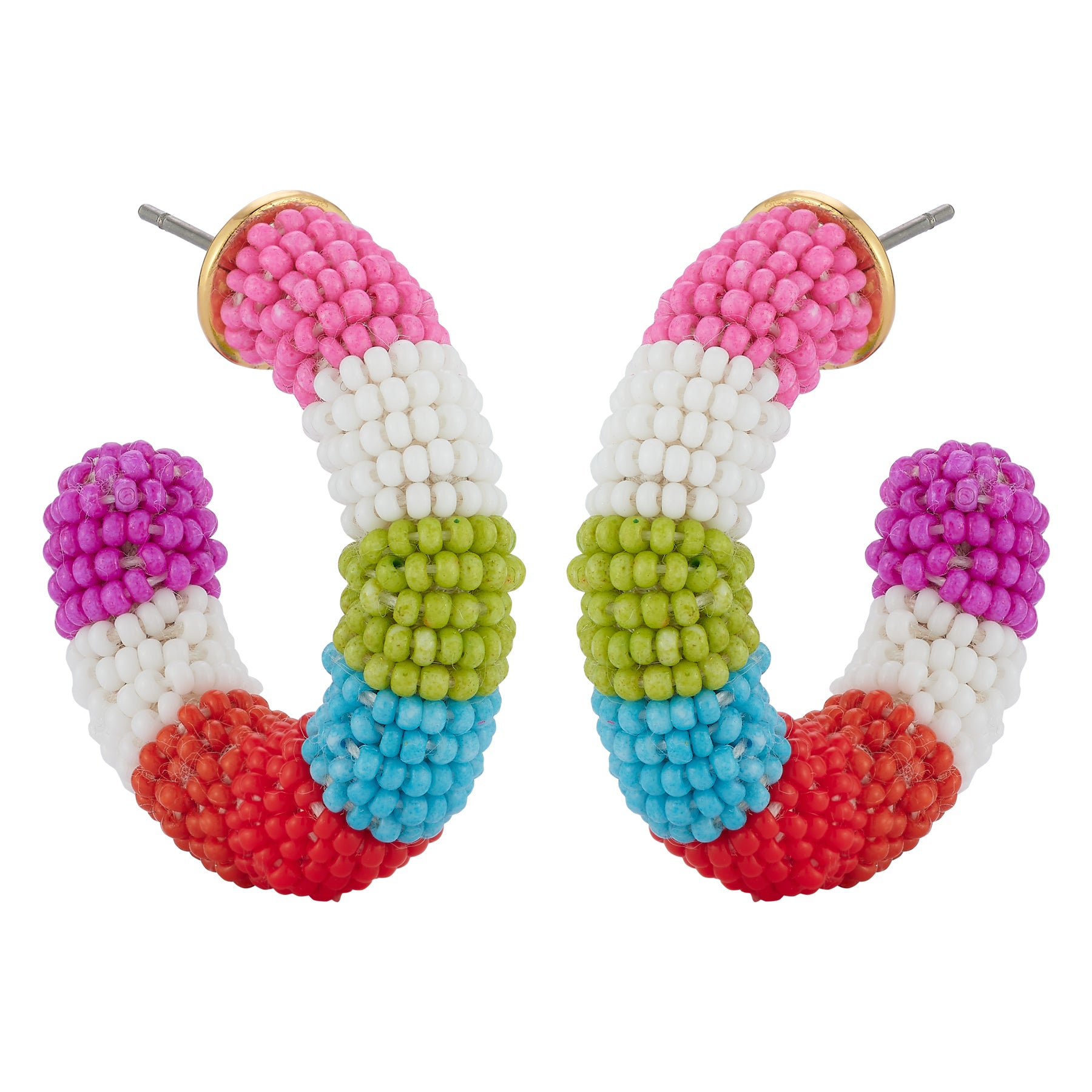 Multi Colored Beaded Hoop Earrings on Flat White Background