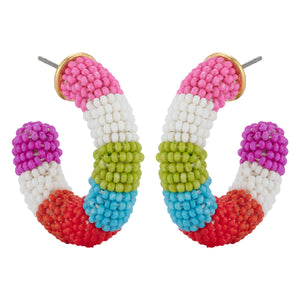 Multi Colored Beaded Hoop Earrings on Flat White Background