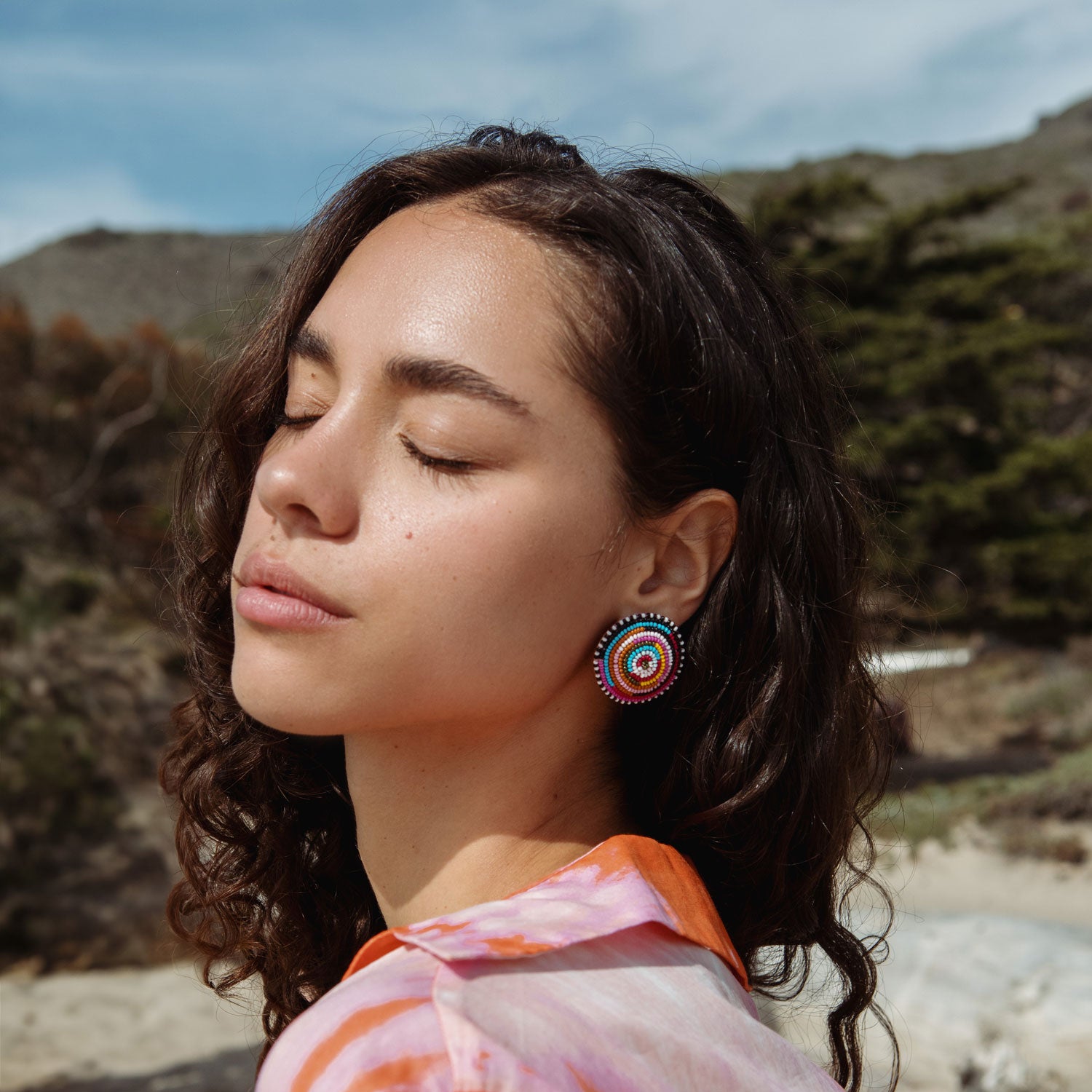 Multi-Colored Beaded Stud Earrings Styled on Model