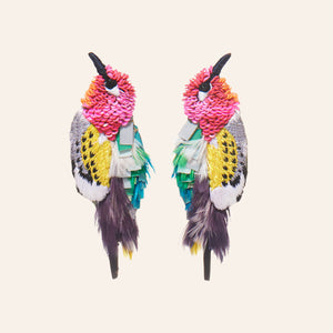 Multi-Colored Feather and Bead Bird Earrings on Tan Background