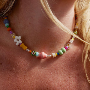 Multi-Colored Beaded Strand Necklace on Model's Neck