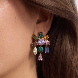 Multi-Colored Crystal Dangle Earrings Staged on Model