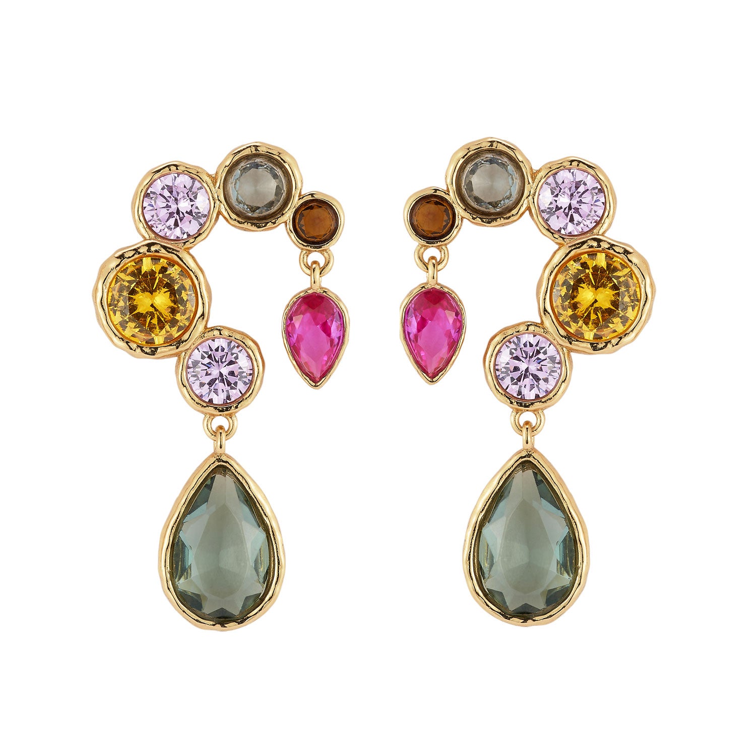 Multicolored gemstone earrings with gold accents on a white background