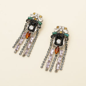 Multi-Colored Crystal Drop Dangle Earrings on Tan Background