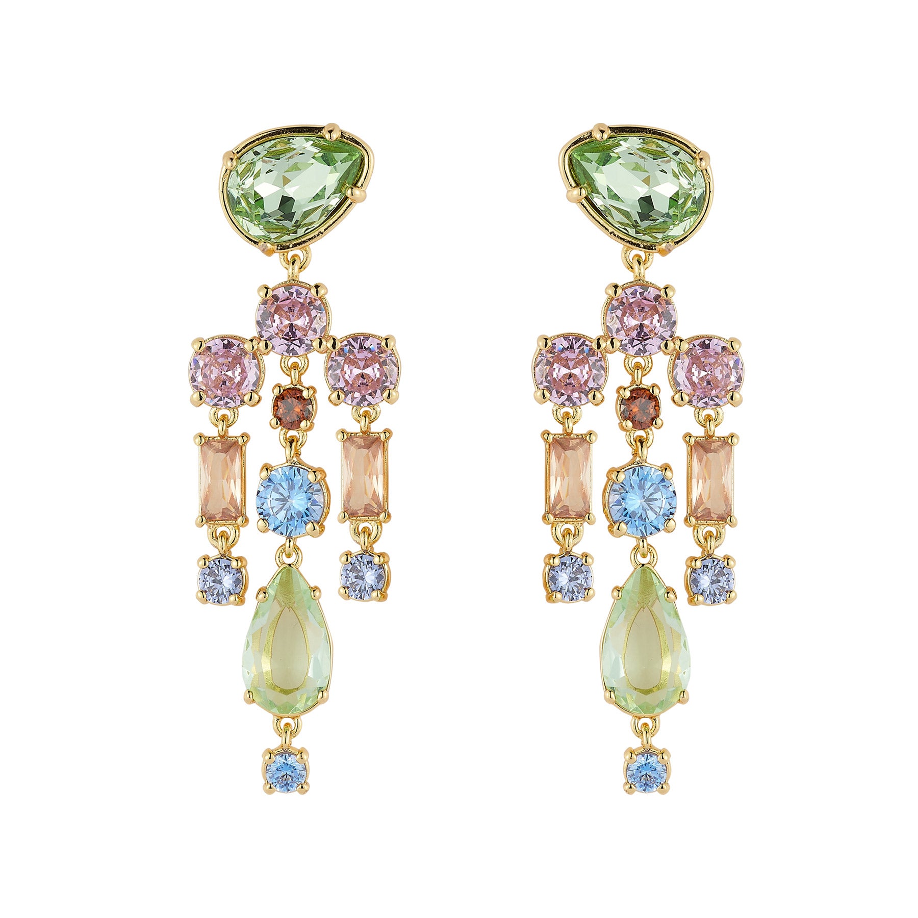 Multicolored gemstone earrings on a white background