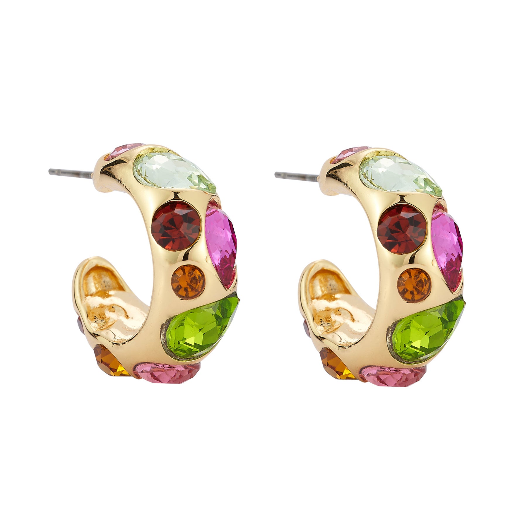 Gold crystal hoop earrings with vibrant multi-colored stones on flat white background
