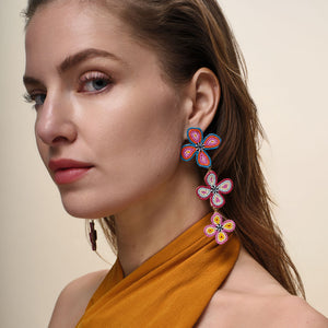 Multi-Colored Beaded Flower Triple Drop Statement Earrings Styled on Model