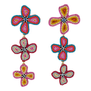 Multi-Colored Beaded Flower Triple Drop Statement Earrings on Flat White Background