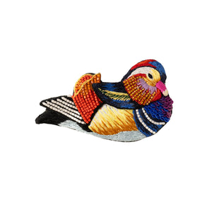 Multi-Colored Embroidered and Beaded Duck Brooch on Flat White Background