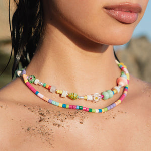Multi-Colored Beaded Strand Necklace Styled with other Beaded Necklace on Model