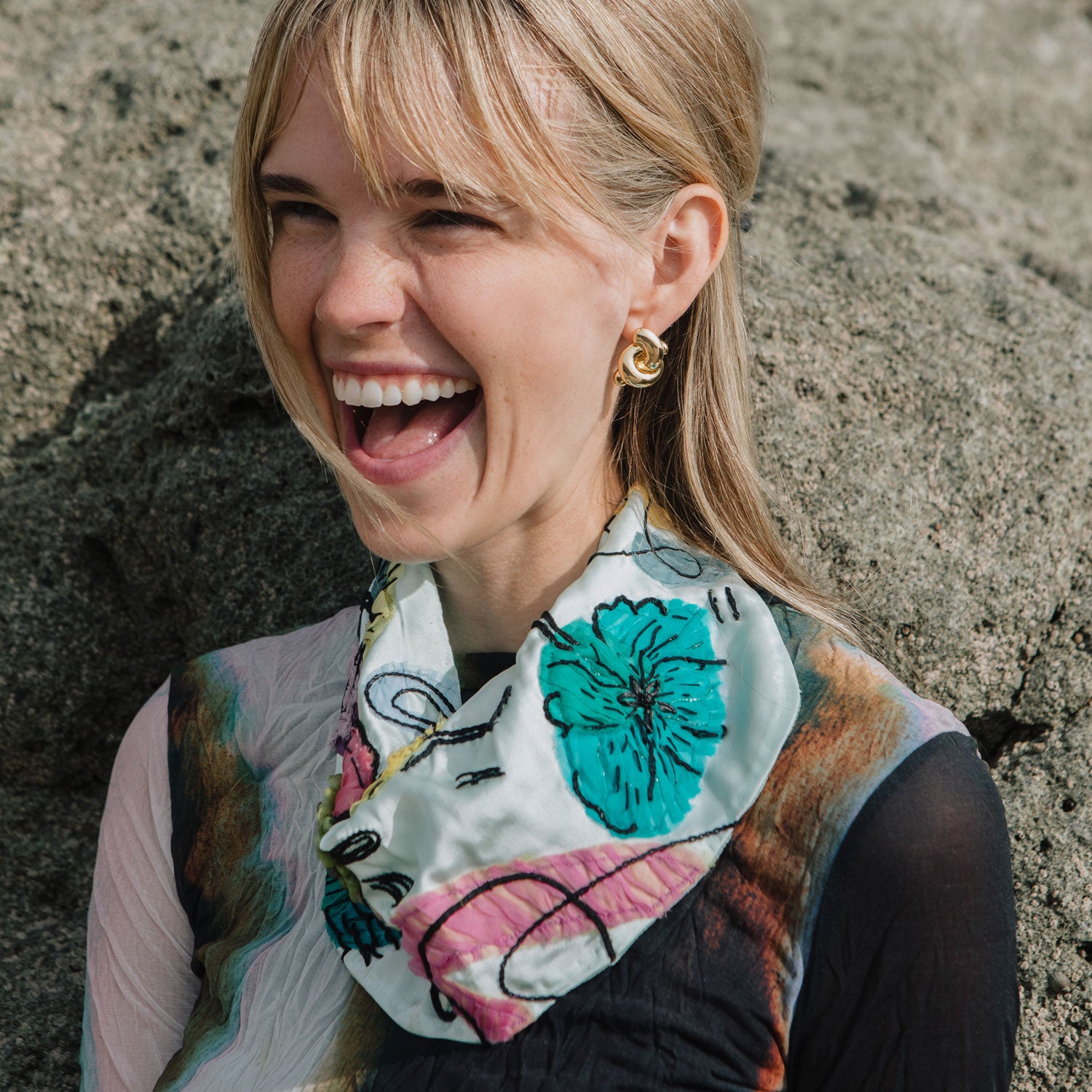 Multi-Colored Floral Embroidered Scarf Necklace Styled on Model