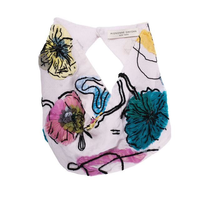 Multi-Colored Floral Embroidered Scarf Necklace on Flat White Background