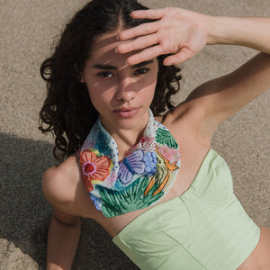 Multi-Colored Beaded and Embroidered Scarf Necklace Styled on Model