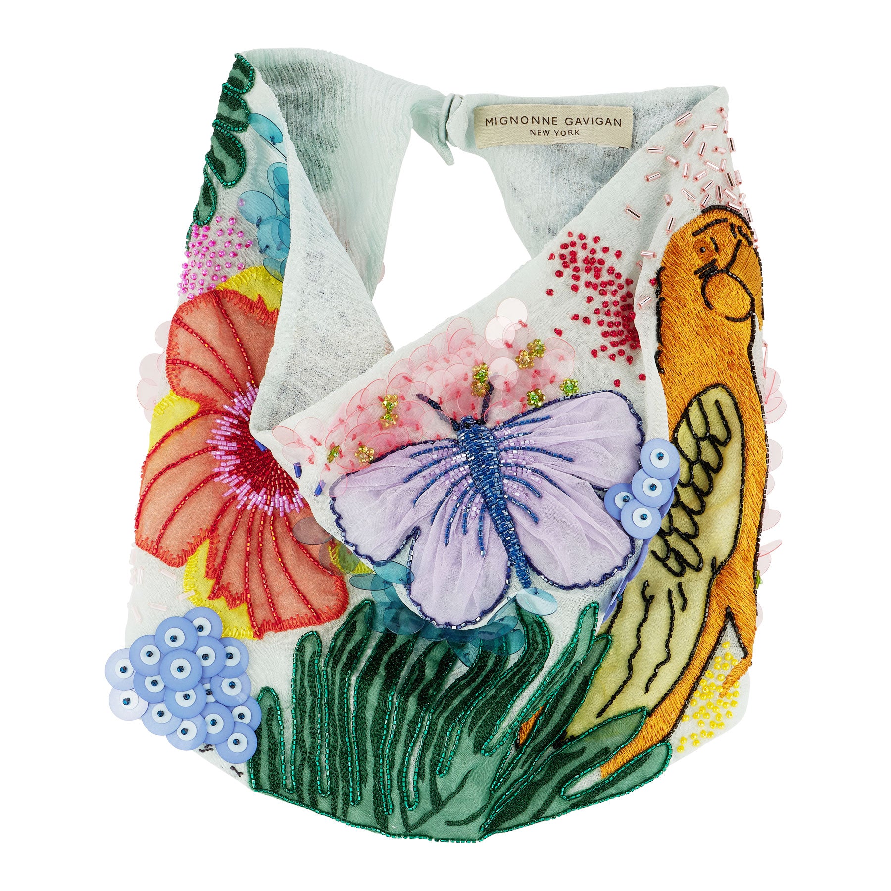 Multi-Colored Beaded and Embroidered Scarf Necklace on Flat White Background