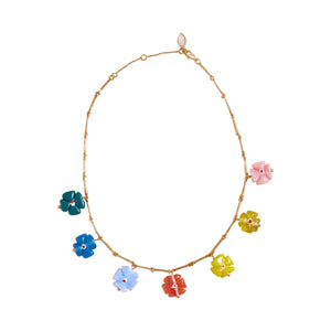 Multi-Colored Flower Charms on Gold Chain Necklace on White Background