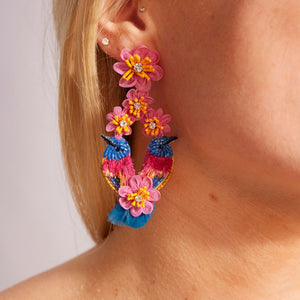 Multi-Colored Flower and Bird Embroidered Drop Earrings Styled on Model's Ear