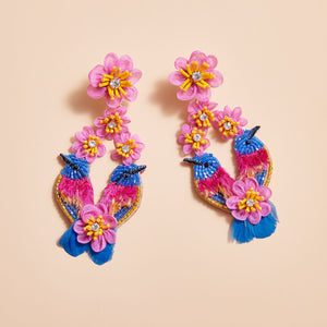 Multi-Colored Flower and Bird Embroidered Drop Earrings on Tan Background