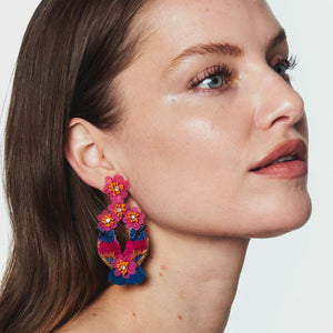 Multi-Colored Beaded and Embroidered Bird Drop Earrings Styled on Model