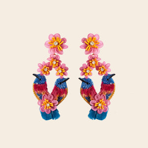 Multi-Colored Flower and Bird Embroidered Drop Earrings on Tan Background