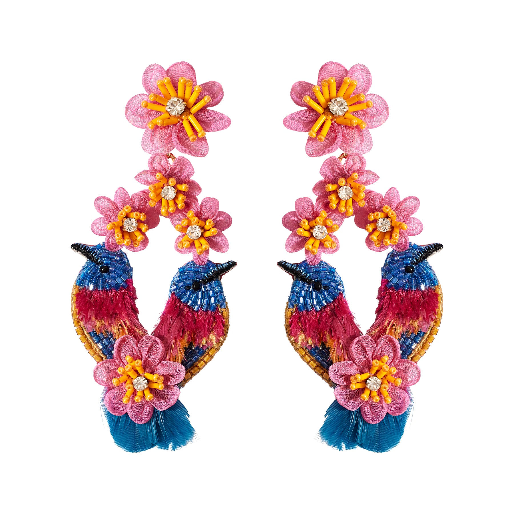Multi-colored flower and bird embroidered drop earrings on flat white background