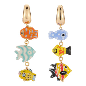 Painted Fish Drop Earrings on Flat White Background