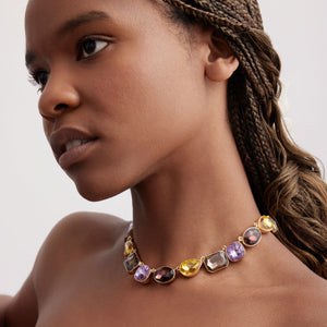 Purple, Yellow, Red, Brown Crystal Necklace on Gold Chain Styled on Model