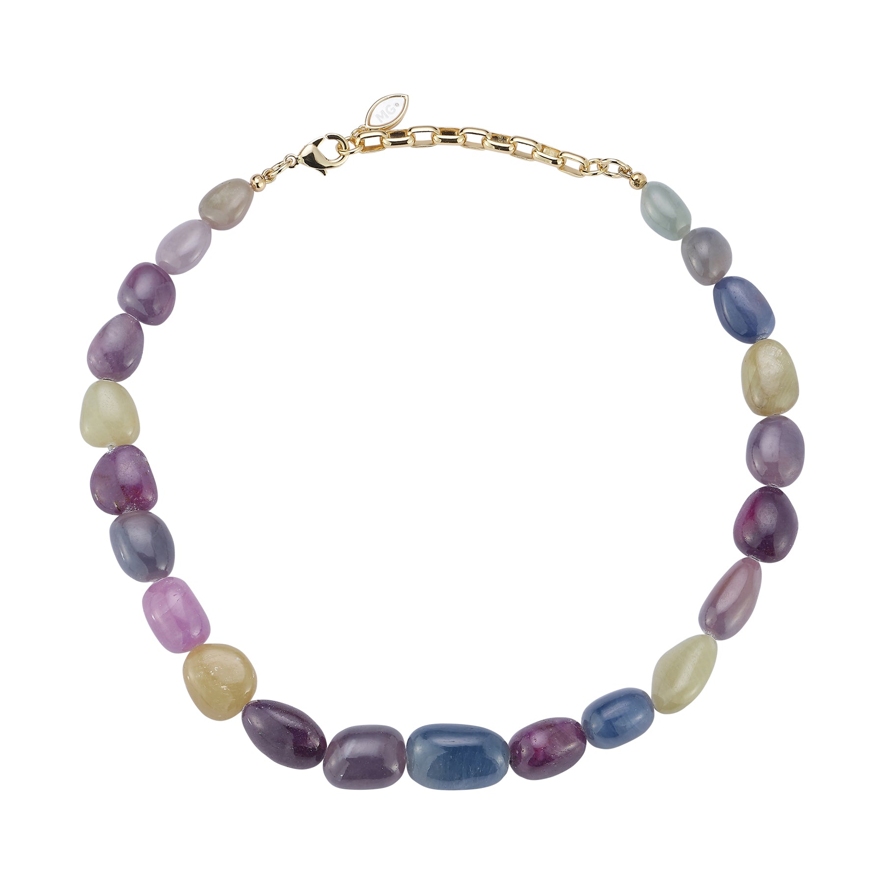 Multi-Colored Sapphire Beaded Strand Necklace on Flat White Background