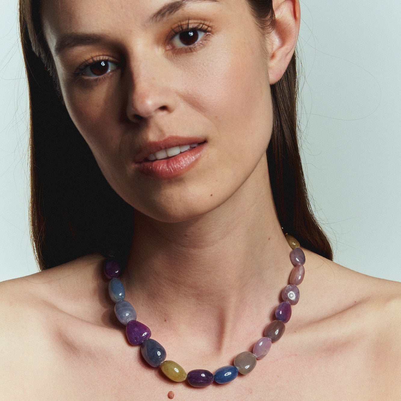 Multi-Colored Sapphire Beaded Strand Necklace Styled on Model