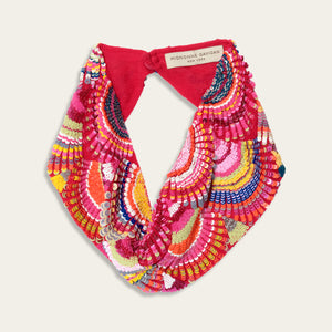 Multi-Colored Sequin Embroidered Mini Scarf Necklace on Off-White Background