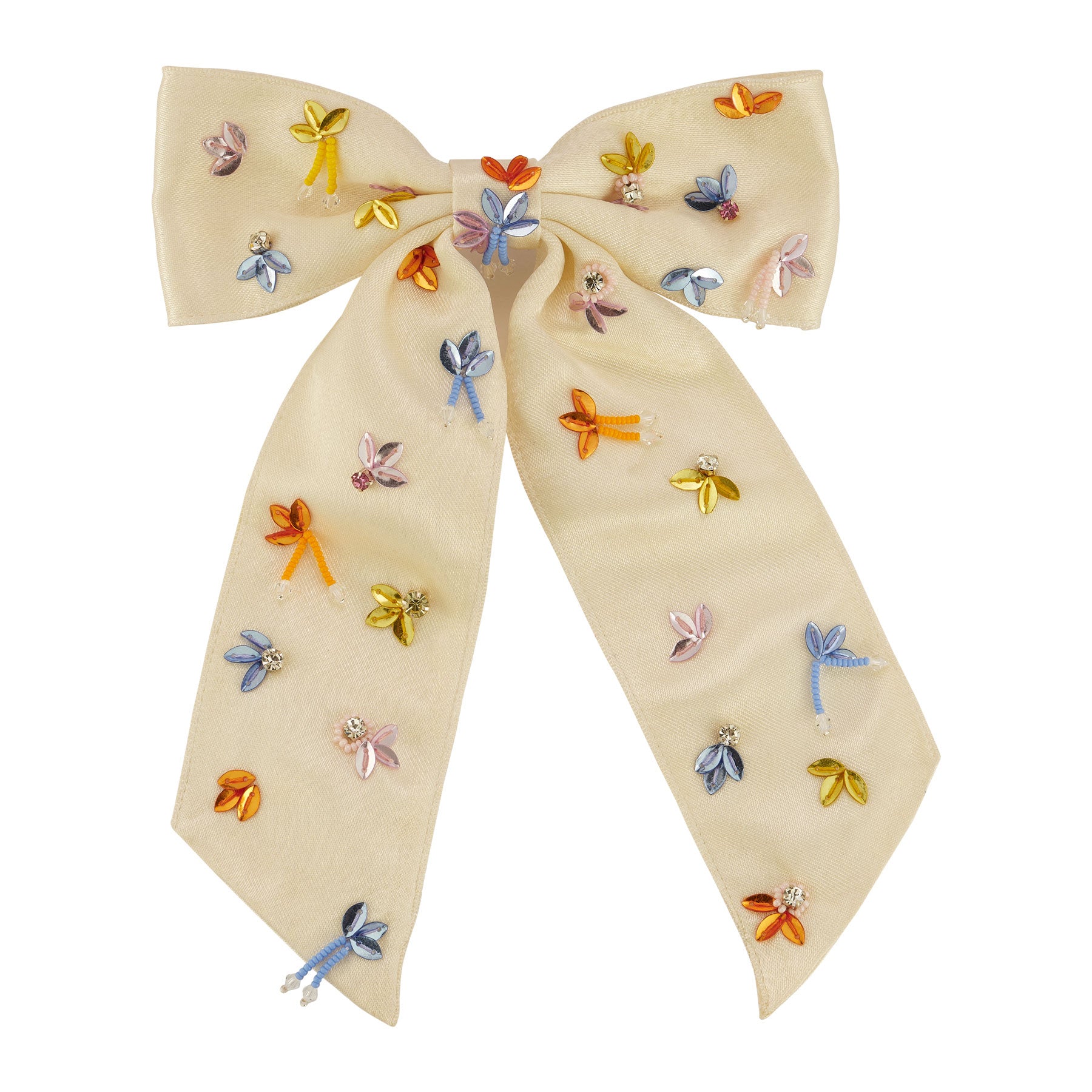 Multi-colored sequin and bead embroidered hair bow on flat white background