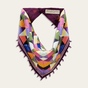 Multi-Colored Thread and Bead Embroidered Bandana on Cream Background