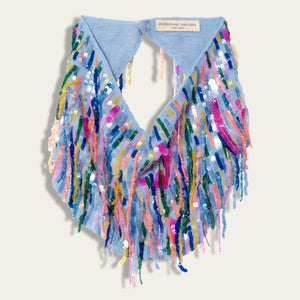 Pastel Multi Sequins on Blue Fabric Base Scarf Necklace Staged on Ivory Flat Background