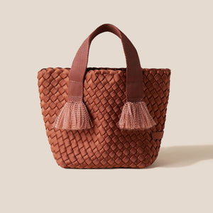 Brown Woven Tote Bag on Cream Background
