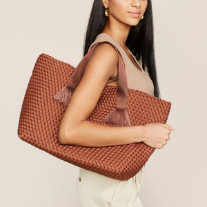 Brown Woven Tote Bag Styled on Model