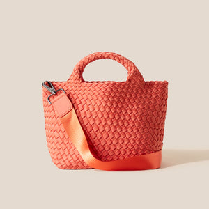 Coral Woven Tote Bag with Long Strap on Cream Background