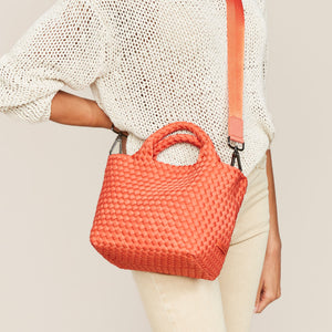 Coral Woven Tote Bag With Long Strap Styled on Model