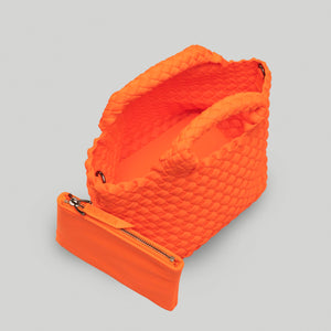 Neon Orange Woven Tote Bag with Pouch on Grey Background