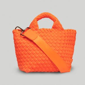 Neon Orange Woven Tote Bag on Grey Background
