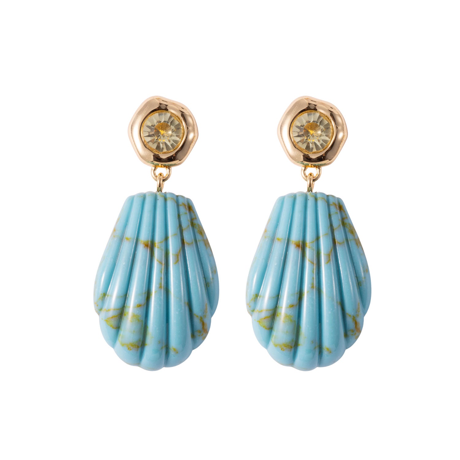 Pair of earrings with blue teardrop-shaped stones and gold accents on a white background