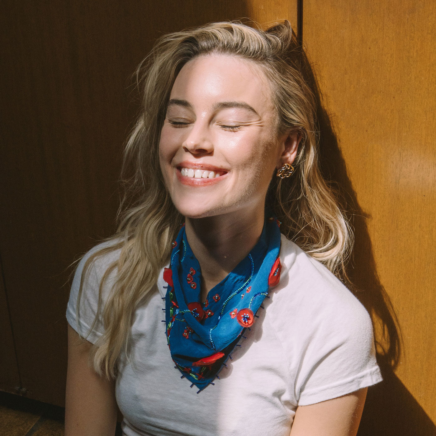 Blue Embroidered Bandana with Red Flowers Styled on Model
