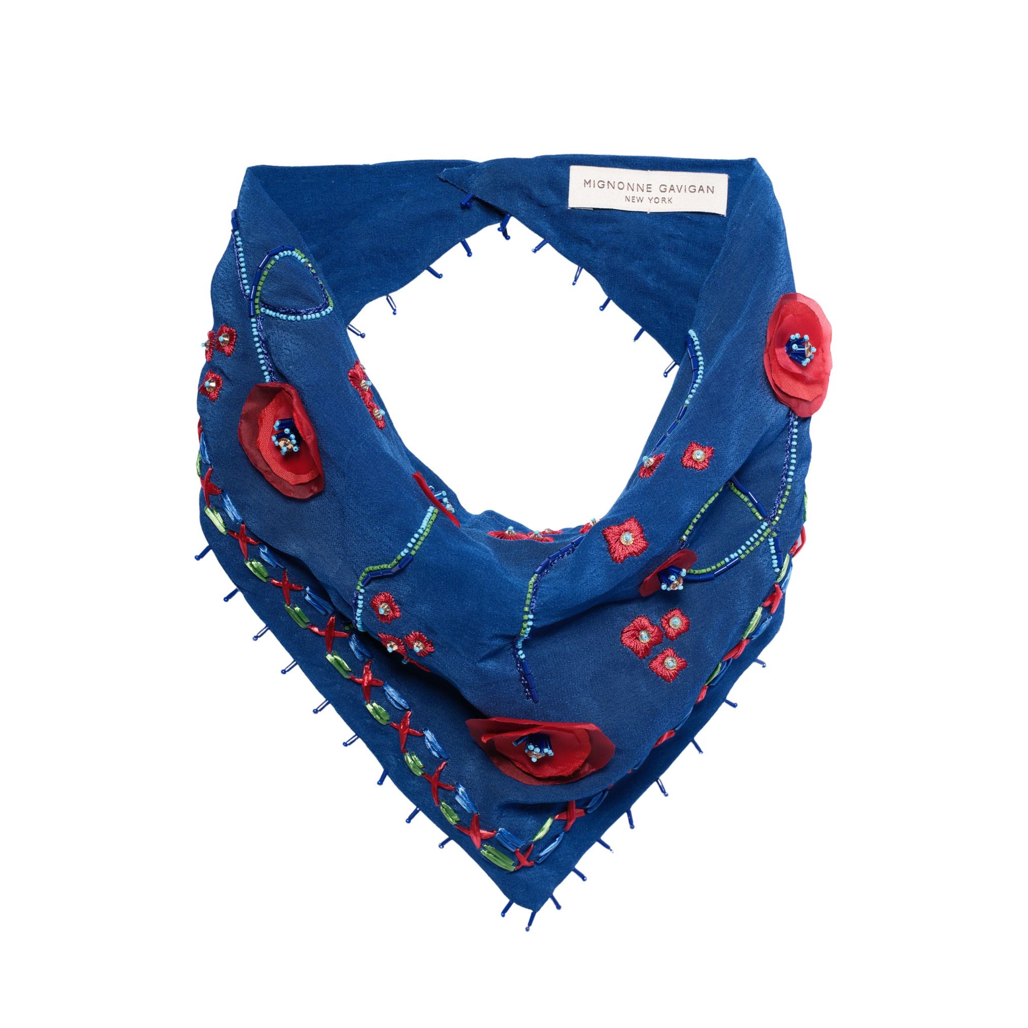 Blue Embroidered Bandana with Red Flowers on Flat White Background