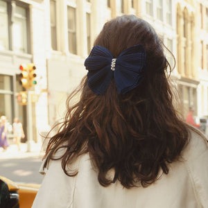 Navy Hairbow with Clear Crystals Styled on Model