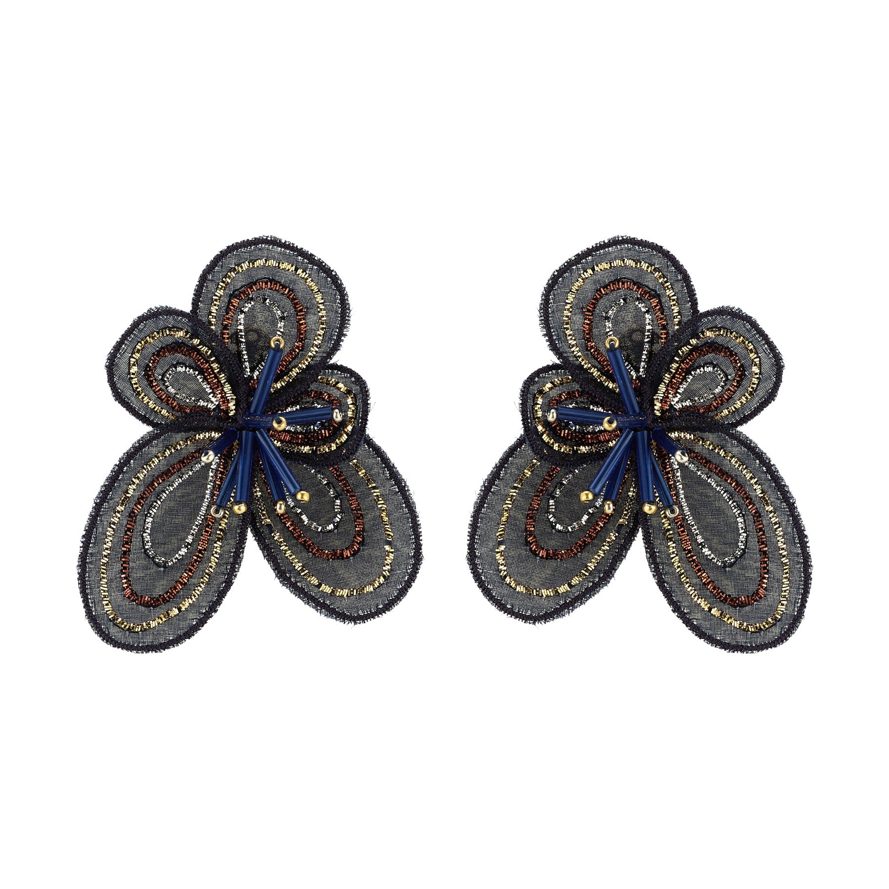 Pair of navy decorative flower-shaped earrings with intricate designs on a white background