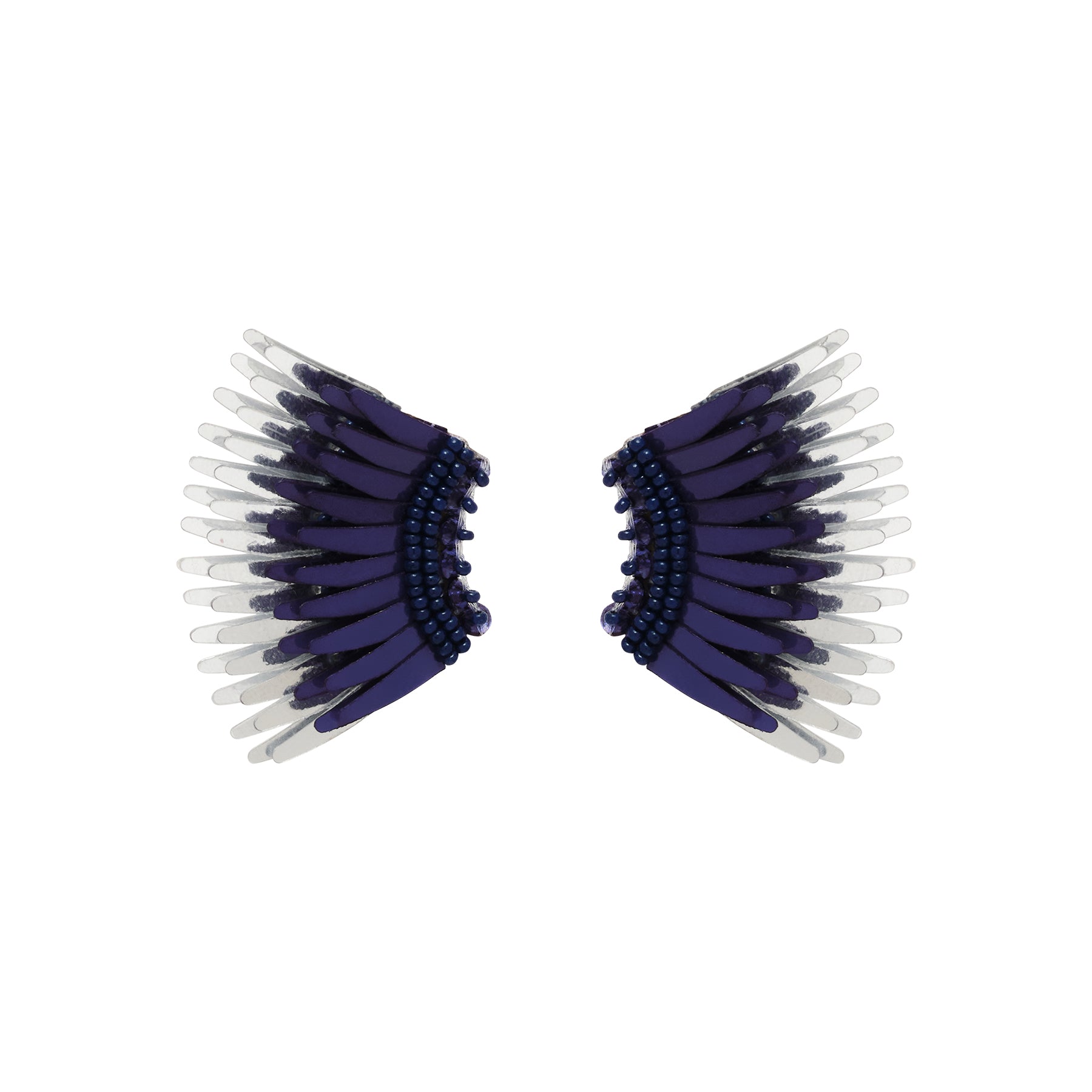 Navy and Silver Wing Stud Earrings on Flat White Background