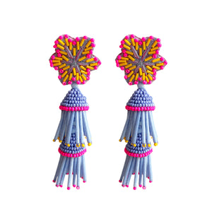 Purple, Neon Pink, and Orange Beaded and Embroidered Flower Tassel Drop Earrings on Flat White Background