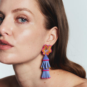 Purple, Neon Pink, and Orange Beaded and Embroidered Flower Tassel Drop Earrings Styled on Model